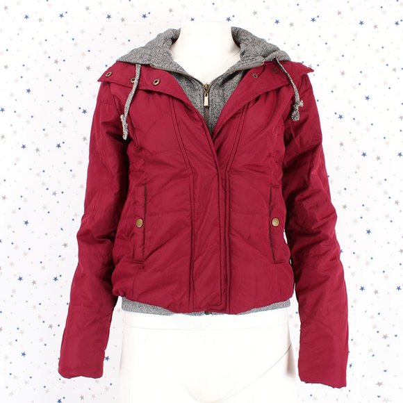 Burgundy Grey Jersey Hooded Padded Jacket - Picture 3 of 11